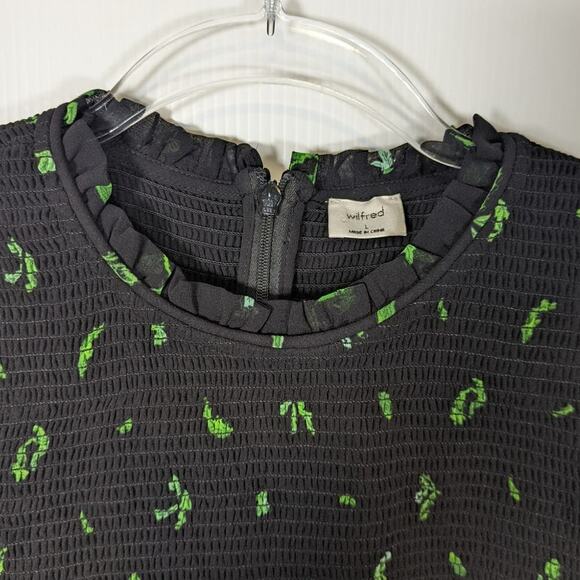 Aritzia Wilfred Lilith Blouse Cropped Smocked Zip Back Black Leaf Print Sheer L - Picture 3 of 11